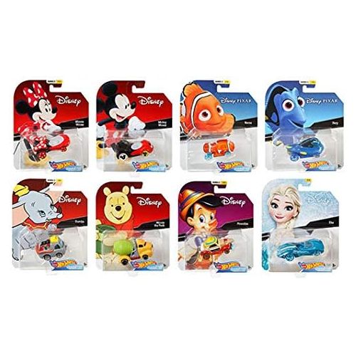  Hot Wheels 2019 Disney/Pixar Character Cars Case D, Set of 8 Collectible Die Cast Toy Cars Minnie Mouse, Mickey Mouse, Nemo, Dory, Dumbo, Winnie The Pooh, Pinocchio, Elsa