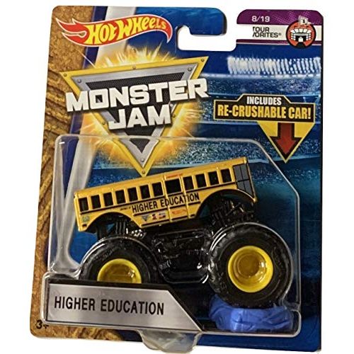  Hot Wheels Monster Jam 2018 Tour Favorites Higher Education (School Bus) With Re-Crushable Car 1:64 Scale