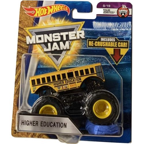  Hot Wheels Monster Jam 2018 Tour Favorites Higher Education (School Bus) With Re-Crushable Car 1:64 Scale