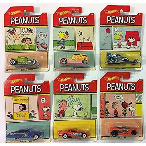  2017 Hot Wheels PEANUTS Complete Set Of 6 : CHARLIE BROWN (Bone Shaker), SNOOPY (Altred Ego), LUCY (Purple Passion), FRANKLIN (Chicane), LINUS (Circle Tracker), SALLY (Qombee)