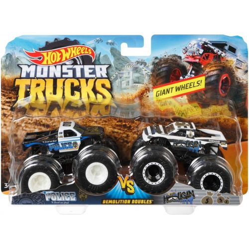  Hot Wheels MONSTER TRUCKS DEMOLITION DOUBLES POLICE VS HOOLIGAN GIANT WHEELS