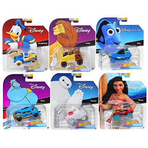  Hot Wheels 2019 Disney/Pixar Character Cars Series 4, Set of 6 Collectible Die Cast Toy Cars Moana, Dory, Donald Duck, Genie, Simba, Baymax