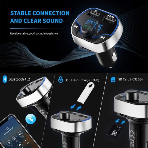  [아마존베스트]-Service-Informationen Hotchy Bluetooth FM Transmitter, Car Radio Transmitter, Hands-Free Car Adapter with Dual USB Ports, Read Micro SD Card for iOS and Android Bluetooth Devices