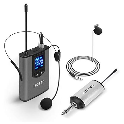  [아마존베스트]Hotec UHF Wireless Headset Microphone/Lavalier Lapel Mic with Bodypack Transmitter and Mini Rechargeable Receiver 1/4 Output, for Live Performances, Support Phone