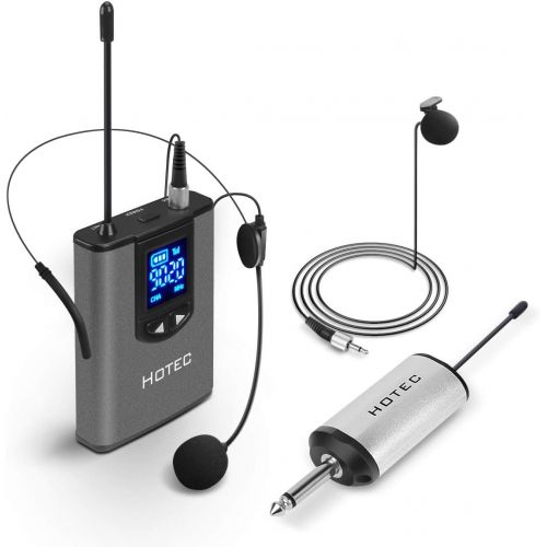  [아마존베스트]Hotec UHF Wireless Headset Microphone/Lavalier Lapel Mic with Bodypack Transmitter and Mini Rechargeable Receiver 1/4 Output, for Live Performances, Support Phone