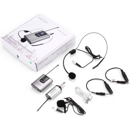  [아마존베스트]Hotec UHF Wireless Headset Microphone/Lavalier Lapel Mic with Bodypack Transmitter and Mini Rechargeable Receiver 1/4 Output, for Live Performances, Support Phone