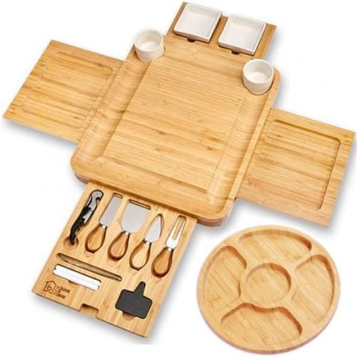  [아마존베스트]House Ur Home Cheese Board 2 Ceramic Bowls 2 Serving Plates. Magnetic 4 Drawers Bamboo Charcuterie Cutlery Knife Set, 2 Server Forks, Wine Opener, Labels, Markers, Gift for Birthdays, Wedding Re