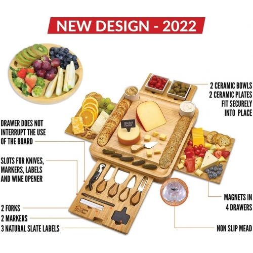  [아마존베스트]House Ur Home Cheese Board 2 Ceramic Bowls 2 Serving Plates. Magnetic 4 Drawers Bamboo Charcuterie Cutlery Knife Set, 2 Server Forks, Wine Opener, Labels, Markers, Gift for Birthdays, Wedding Re