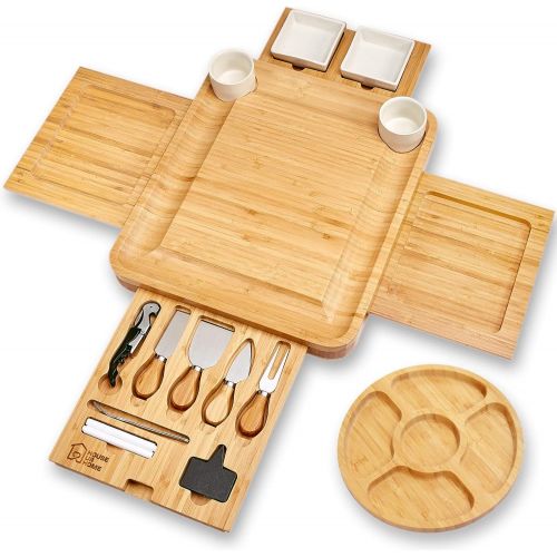  [아마존베스트]House Ur Home Cheese Board 2 Ceramic Bowls 2 Serving Plates. Magnetic 4 Drawers Bamboo Charcuterie Cutlery Knife Set, 2 Server Forks, Wine Opener, Labels, Markers, Gift for Birthdays, Wedding Re