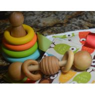HouseMountainNatural Montessori Baby Organic Gift Set Wood Rattle and Stacker (Please read description for size)