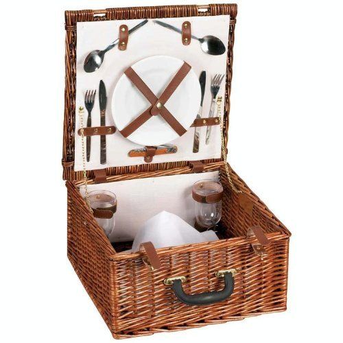  Household Essentials Woven Willow Picnic Basket, Square Shaped, Fully Lined, Service for 4
