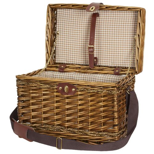  Household Essentials Woven Willow Picnic Basket, Square Shaped, Fully Lined, Service for 4
