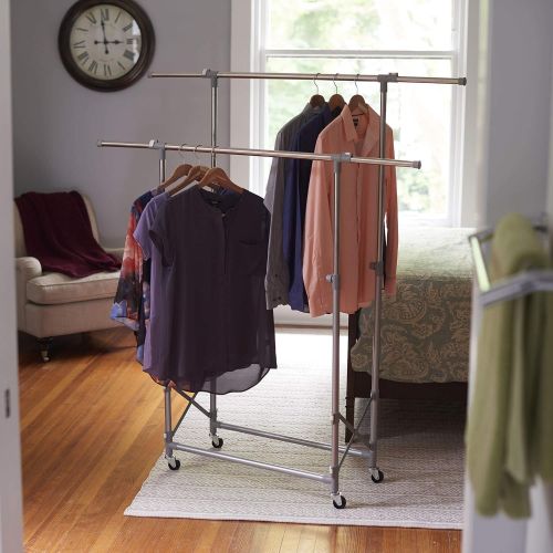  Household Essentials 3307-1 Folding Double Garment Rack with Wheels | Hang and Dry Clothes, Silver