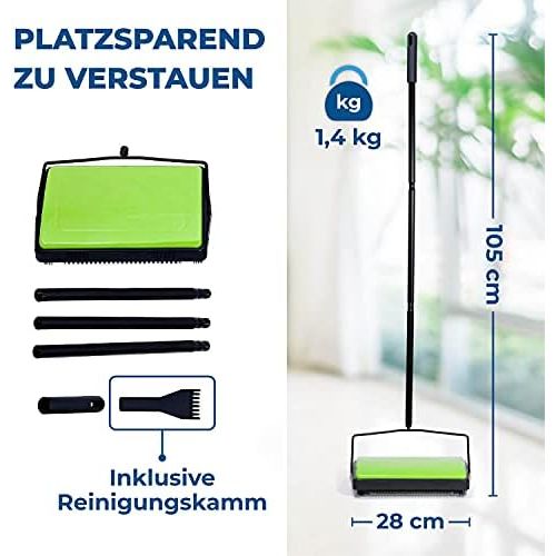  [아마존베스트]Housekeeps Carpet Sweeper Green - Made of Sturdy Iron - Absorbs Dirt in Seconds - 28 x 105 x 19 cm - Green and Black