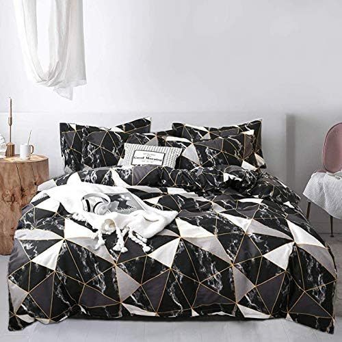  [아마존베스트]Jumeey Black Duvet Cover Twin Marble Bedding Set Cotton White Silver Grey Gold Plaid Bed Set Teens Abstract Modern Triangle Comforter Cover Blocks Boy Girls Black Bedding Twin Size