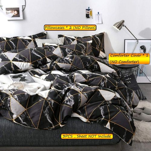  [아마존베스트]Jumeey Black Duvet Cover Twin Marble Bedding Set Cotton White Silver Grey Gold Plaid Bed Set Teens Abstract Modern Triangle Comforter Cover Blocks Boy Girls Black Bedding Twin Size