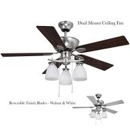 HowPlum Ceiling Fan 42 Indoor Dual Mount 3 Light 5 Reversible Blades White or Walnut, Nickel Finish