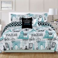 HowPlumb Bedding Twin 4 Piece Girls Comforter Bed Set, Paris Eiffel Tower London, Teal Blue