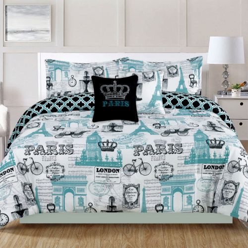  HowPlumb Bedding Twin 4 Piece Girls Comforter Bed Set, Paris Eiffel Tower London, Teal Blue