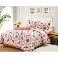 HowPlumb FullQueen Quilt Set Coastal Starfish Seashell Coverlet Bedspread, Coral, Blue and Tan