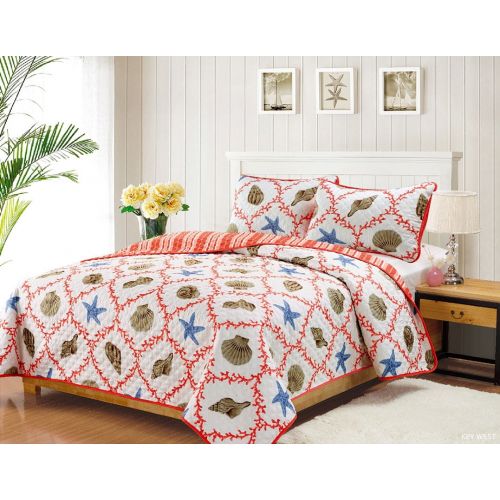  HowPlumb FullQueen Quilt Set Coastal Starfish Seashell Coverlet Bedspread, Coral, Blue and Tan