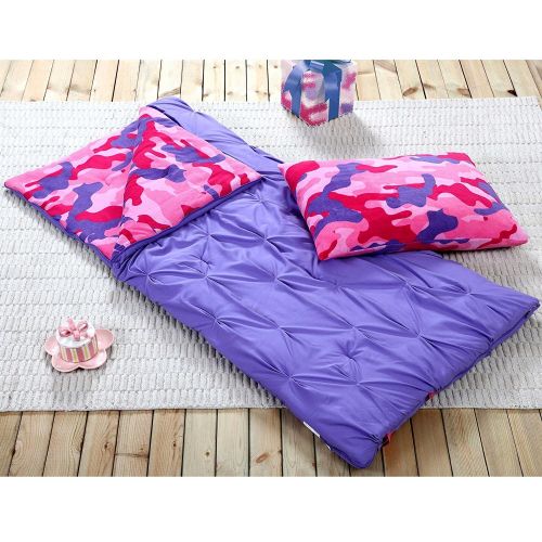  HowPlumb Sleeping Bag and Pillow Cover, Purple Pink Camo Indoor Outdoor Camping Youth Kids Girls