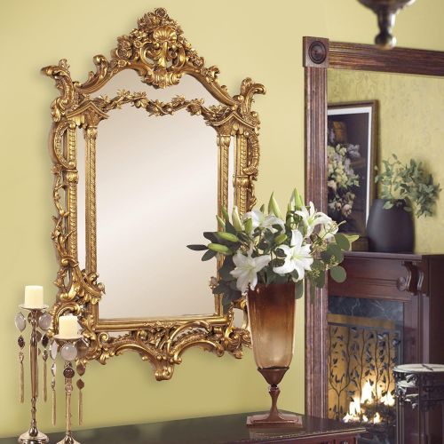  Howard Elliott Collection Howard Elliott Arlington Baroque Hanging Wall Mirror, Ornate Arched Rectangle Frame, Gold Leaf Resin, 34 x 49 Inch
