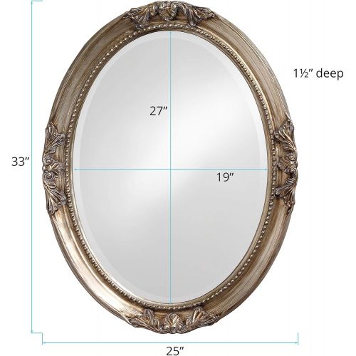  Howard Elliott Collection Howard Elliott Queen Ann Oval Hanging Wall Mirror, Beveled, Vanity, Antique Silver Leaf, 25 x 33 Inch