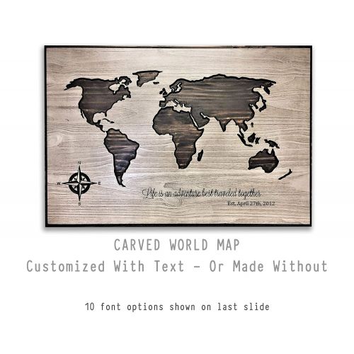 HowdyOwl World Map Art, Wood Wall Art, Life is an adventure Quote, Custom Quote Sign, Anniversary Gift Idea, Gift for Husband, Gift for Wife, Family Name Sign, Established Date, Push Pin Ma