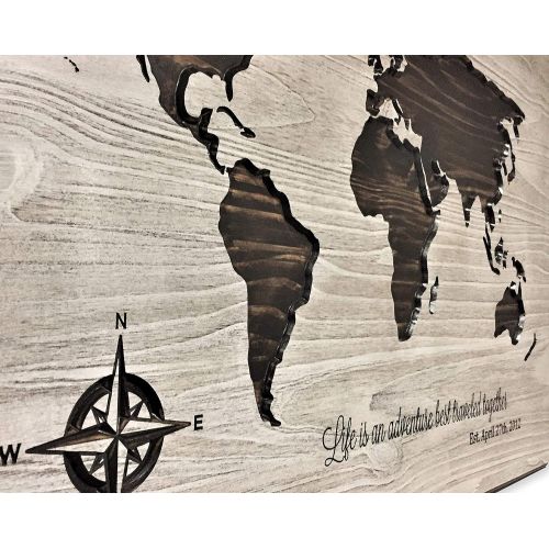  HowdyOwl World Map Art, Wood Wall Art, Life is an adventure Quote, Custom Quote Sign, Anniversary Gift Idea, Gift for Husband, Gift for Wife, Family Name Sign, Established Date, Push Pin Ma