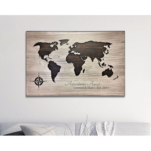  HowdyOwl Adventure Awaits, Wedding Guestbook, World Map Wall Decor, Wood Wall Art, Family Name Sign, Established Date, Gift Idea, Map of World, Adventure Decor, Push Pin Map