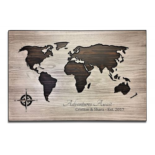  HowdyOwl Adventure Awaits, Wedding Guestbook, World Map Wall Decor, Wood Wall Art, Family Name Sign, Established Date, Gift Idea, Map of World, Adventure Decor, Push Pin Map