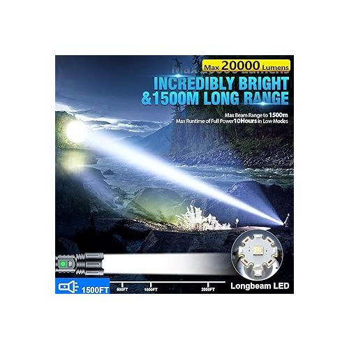  Flashlights 20000 High Lumens Rechargeable - 20H Runtime 1500 Meters Long Beam Super Bright LED Flash Light with Power Display & IPX5 Waterproof for Camping, 5 Modes, Zoomable Handheld Flashlight,2pcs