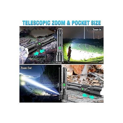  Flashlights 20000 High Lumens Rechargeable - 20H Runtime 1500 Meters Long Beam Super Bright LED Flash Light with Power Display & IPX5 Waterproof for Camping, 5 Modes, Zoomable Handheld Flashlight,2pcs