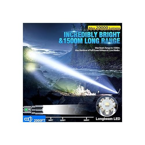  Flashlights 20000 High Lumens Rechargeable - 1500 Meters Long Beam Super Bright LED Flash Light with Power Display & IPX5 Waterproof for Camping, 20H Runtime,5 Modes,Zoomable with Belt Holsters