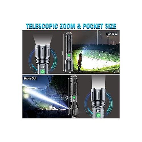  Flashlights 20000 High Lumens Rechargeable - 1500 Meters Long Beam Super Bright LED Flash Light with Power Display & IPX5 Waterproof for Camping, 20H Runtime,5 Modes,Zoomable with Belt Holsters