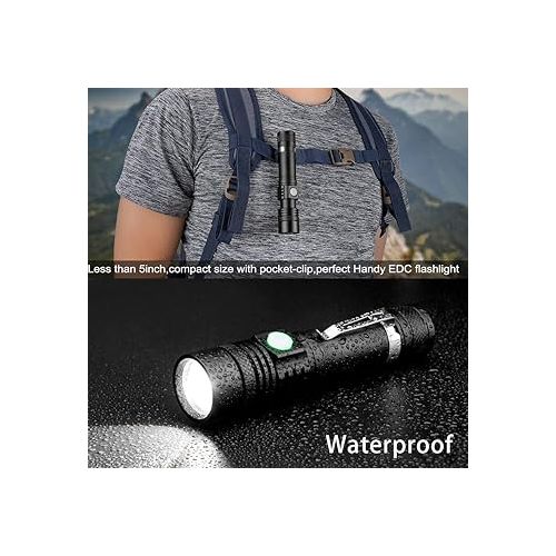  LED Tactical Flashlight Rechargeable, IPX6 Waterproof Flashlight, 2000lm, Super Bright LED, Zoomable, Pocket-Size Small LED Flashlight for Hiking, Camping, Emergency