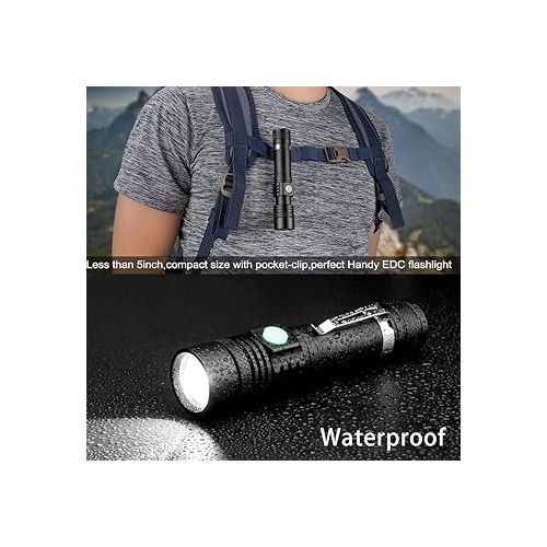  LED Tactical Flashlight Rechargeable, IPX6 Waterproof Flashlight, 2000lm, Super Bright LED, Zoomable, Pocket-Size Small LED Flashlight for Hiking, Camping, Emergency - with Carry Case