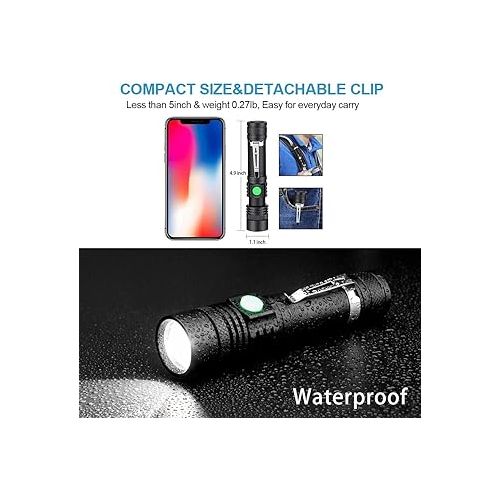  Hoxida LED Tactical Flashlight, Super Bright LED Flashlight Rechargeable 2000 High Lumen, Pocket-Sized LED Torch with Clip, IPX6 Waterproof, Zoomable, 4modes for Camping,Emergency