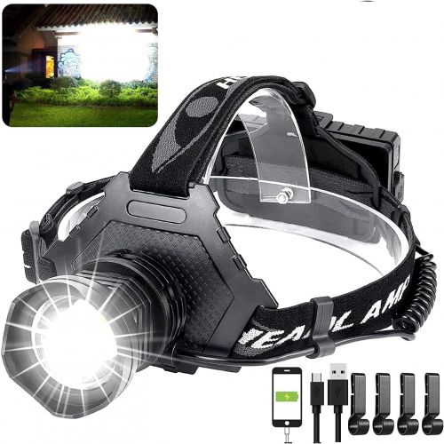  Hoxida LED Rechargeable Headlamp 60000 High Lumen, XPH70 Brightest LED Work Headlight Zoomable, Waterproof, 5 Modes Lightweight Head Lamp for Adult Camping, Hard Hat, Hunting