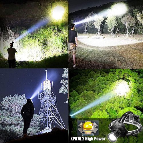  Hoxida LED Rechargeable Headlamp 60000 High Lumen, XPH70 Brightest LED Work Headlight Zoomable, Waterproof, 5 Modes Lightweight Head Lamp for Adult Camping, Hard Hat, Hunting