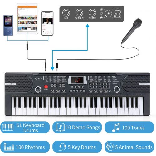  [아마존베스트]Hricane Kids Piano Keyboard, 61 Keys Beginner Electronic Keyboard Portable Digital Music Keyboard, Early Education Music Instrument with Microphone & Music Sheet Stand, Gift for Bo
