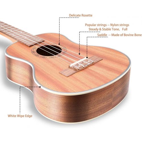  [아마존베스트]Hricane Concert Ukulele 23 inch UKS-2, 4 Strings Ukeleles For Beginners, Sapele Hawaiian Ukele with Ukulele Case and Ukele String Set