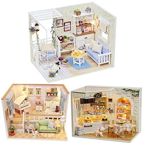  HuWang2 Elegant DIY Miniature Dollhouse Kit Model with Furnitures LED 3D Wooden Handmade Crafts House Birthday Gift for