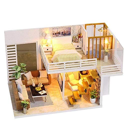  HuWang2 DIY Dollhouse Handmade Wood House Mini Furniture Puzzle Assemble Ornaments Kit 3D Wooden for Children