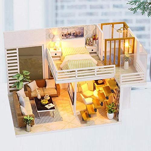  HuWang2 DIY Dollhouse Handmade Wood House Mini Furniture Puzzle Assemble Ornaments Kit 3D Wooden for Children