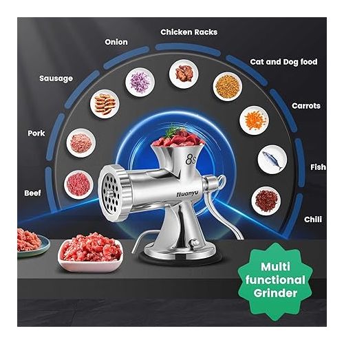  Huanyu Manual Meat Grinder Sausage Stuffer Filler Hand Crank Mincer Stainless Steel Meat Processor Grinding Machine Ground Chopper Home Use for Beef Chicken Rack chili etc. Dishwasher Safe