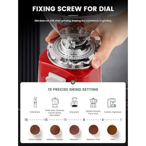  Huanyu Coffee Grinder Electric Adjustable Flat Burr Mill with 19 Precise Grind Setting 35OZ 36Cups Coffee Bean Grinding Machine Upgrade Automatic Point-action for Espresso French Press Turkish