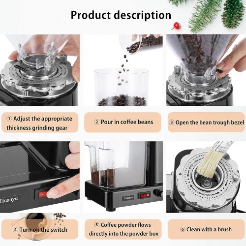  Huanyu Coffee Grinder Electric Flat Burr Grinding Machine Automatic Mill 35oz Coffee Bean Grinder with 19 Adjustable Grind Settings 36 Cups Professional Espresso Miller 200W Cleani