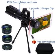 Huatop HD Phone Camera Lens Kit, 20X Telephoto Lens + 198°Fisheye Lens + Wide Angle Lens + Macro Lens + U Shape Clip + Tripod + Carrying Case for iPhone and Most Smartphone, not fo
